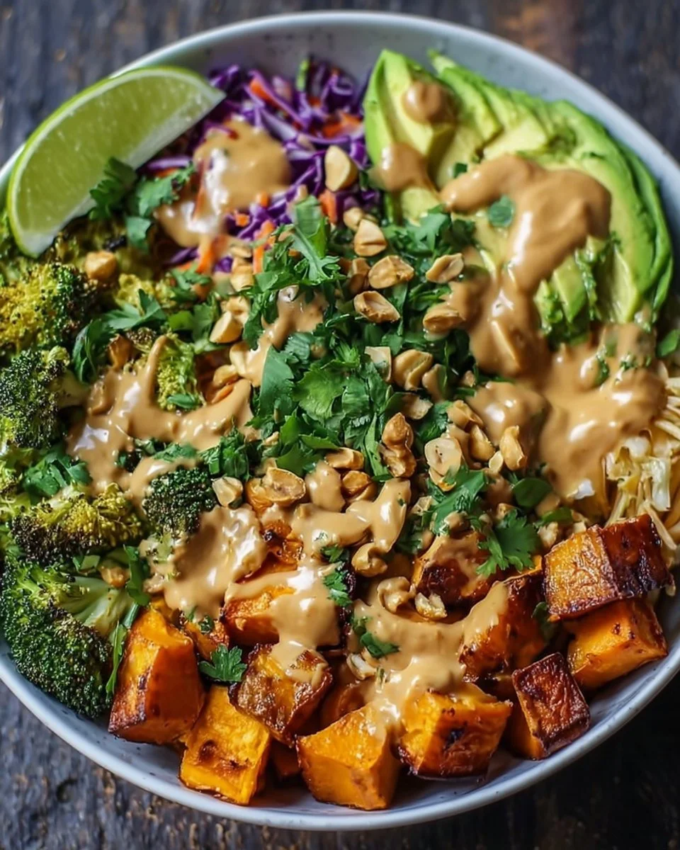Thai Peanut Sweet Potato Buddha Bowl garnished with fresh vegetables