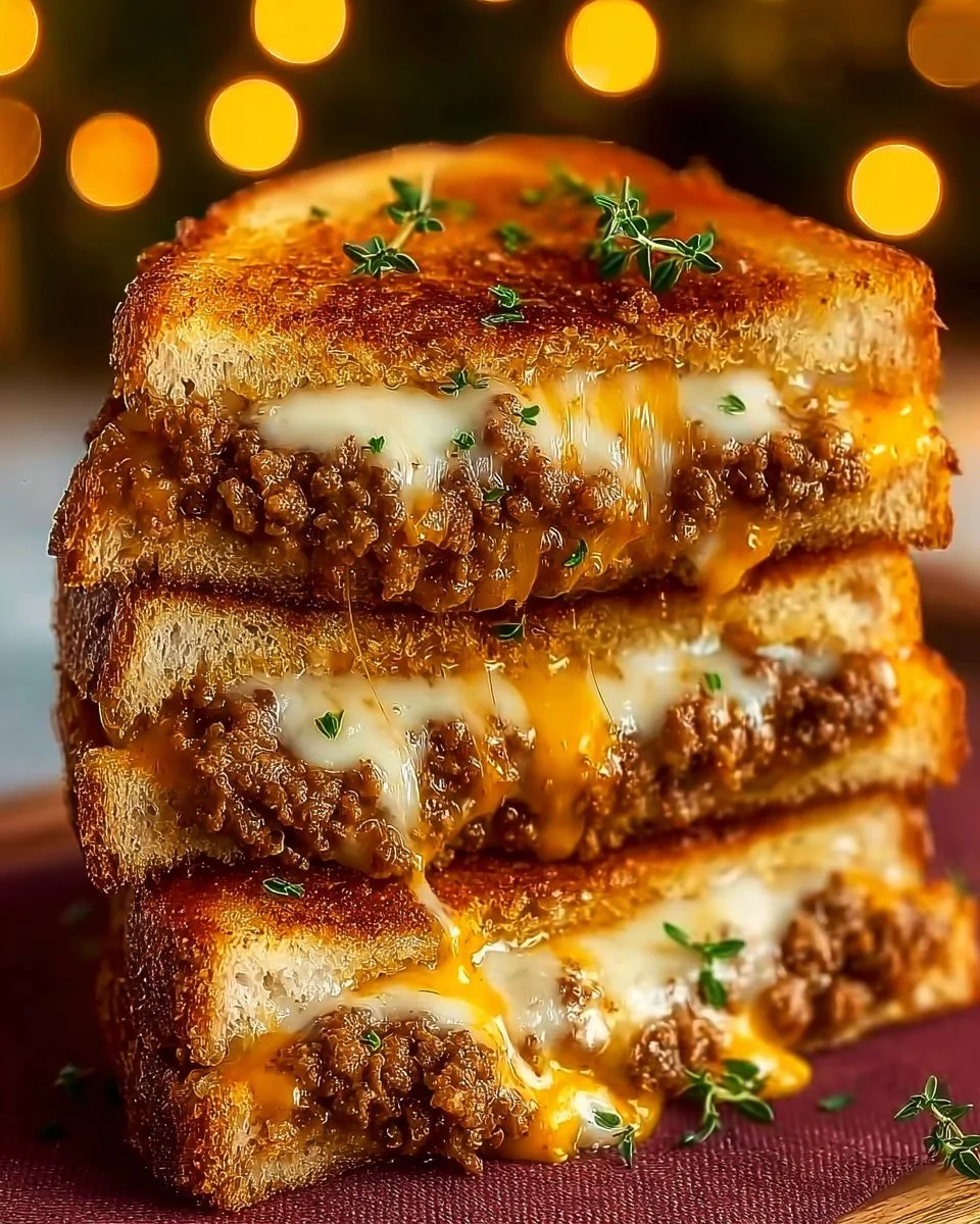 Mouthwatering cheesy ground beef melt topped with melted cheese and fresh ingredients