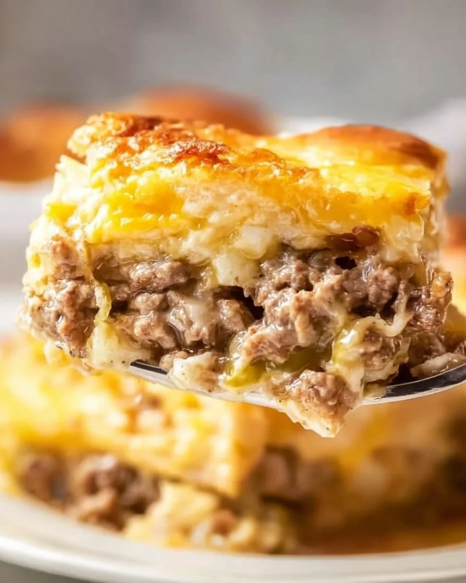 Delicious White Castle casserole served on a plate with toppings