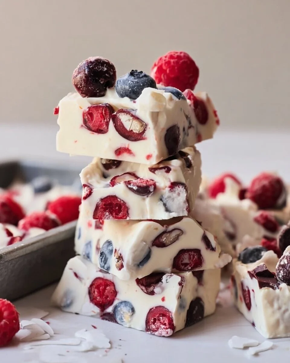 Homemade yogurt bark topped with fresh fruits and nuts